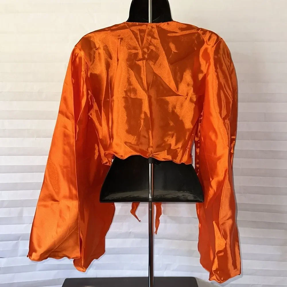 Burnt Orange Satin Top Harem Style Tie Front Blouse One Size Flowy Bohemian